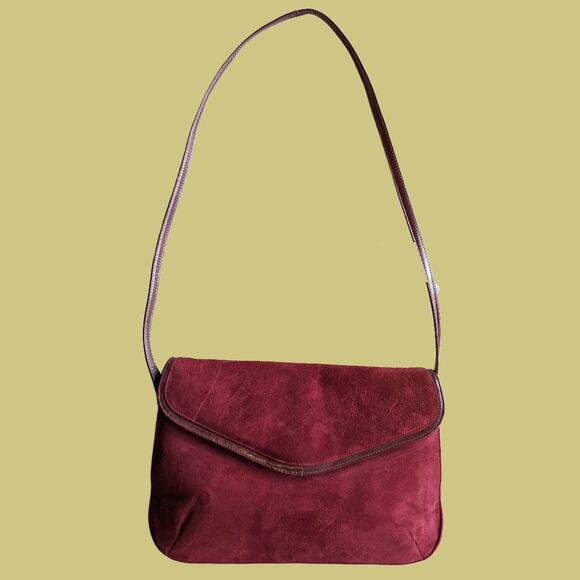 Vintage 1970s Burgundy Suede & Leather Trimmed Shoulder to Clutch Bag from Saks - Picture 1 of 5